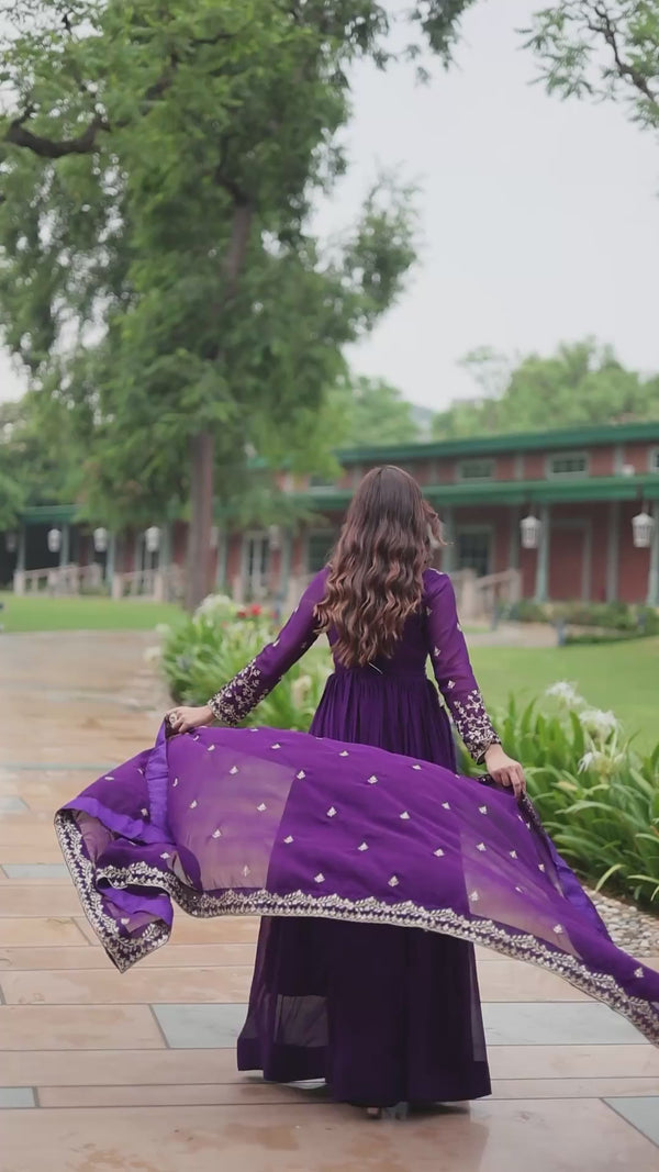 Red & Purple Faux Blooming Gown with Sequins and Zari Embroidery