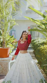 Red & White Gorgette Sequins Thread Embroidery Lehenga