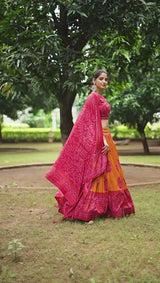 Purple & Red Tussar Lehenga Choli with Bandhej Print