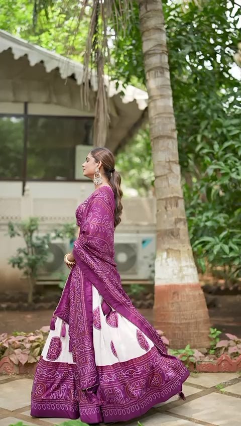 Purple & Red Tussar Lehenga Choli with Bandhej Print