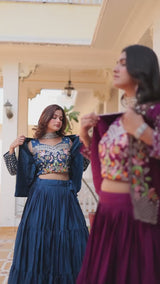 Blue & Wine Pure Chinon Heavy embroidery with threadwork Lehenga